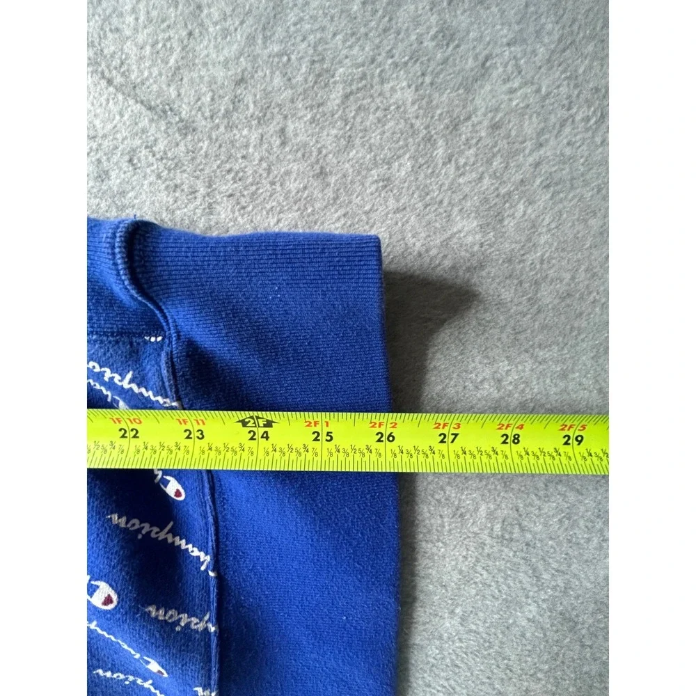 Champion Reverse Weave Hoodie Royal Blue All Over Script Logo Print Mens Large